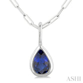 6x4 MM Bezel Set Pear Cut Sapphire Precious Fashion Pendant With Paperclip Chain in 10K White Gold